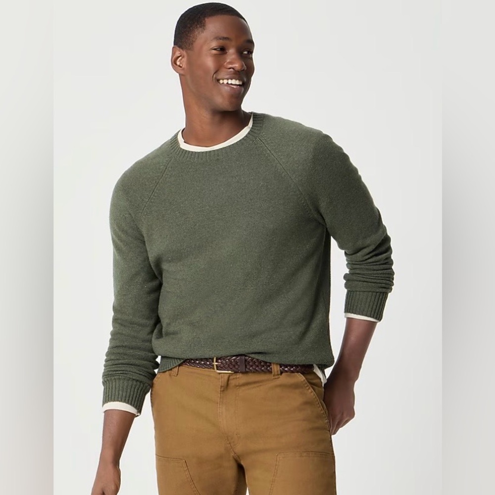 J.Crew Men's Crewneck sweater in supersoft lambswool blend‎ Green Hthr Fatigue L